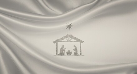 Nativity scene with silhouette of holy family under bethlehem star on elegant silver fabric with glitter dust for greeting card