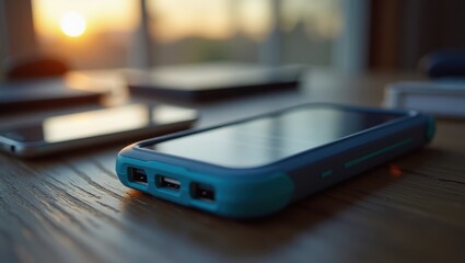 Closeup smartphone. Blue smartphone close-up on wooden table, modern t