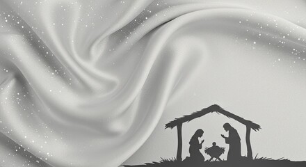 Nativity scene with silhouette of holy family under bethlehem star on elegant silver fabric with glitter dust for greeting card