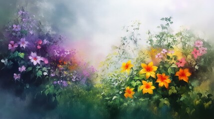 Obraz premium A vibrant garden scene filled with blooming flowers in shades of purple and orange, surrounded by lush greenery, This serene image can be used for nature-themed projects, gardening articles, or decor