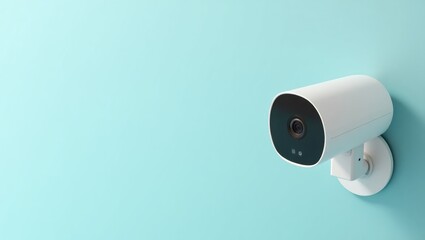 White camera. Minimalist design. Home security. Smart technology. Wall mounted. Modern background. Indoor surveillance. Office safety. Blue pastel. Minimal aesthetic. Dynamic angle. Technology concep