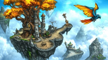 Fototapeta premium Celestial fantasy kingdom with vibrant parrot soaring above floating islands and ancient tree evoking serene atmosphere and otherworldly charm