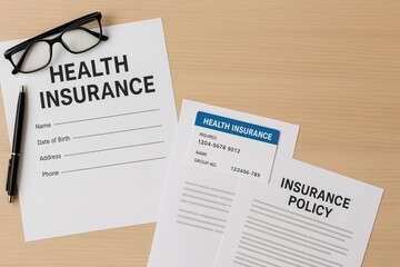 Health Insurance Documents on a Wooden Table With Glasses and a Pen Ready for Completion and Review Generative AI