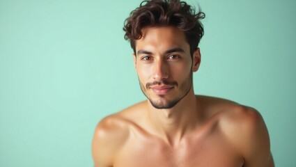Fototapeta premium Young man. Handsome shirtless man with curly hair on turquoise backgro
