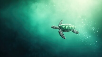 Fototapeta premium A serene underwater scene featuring a turtle swimming gracefully through teal waters, This image can be used for projects related to marine life, conservation, and ocean exploration,