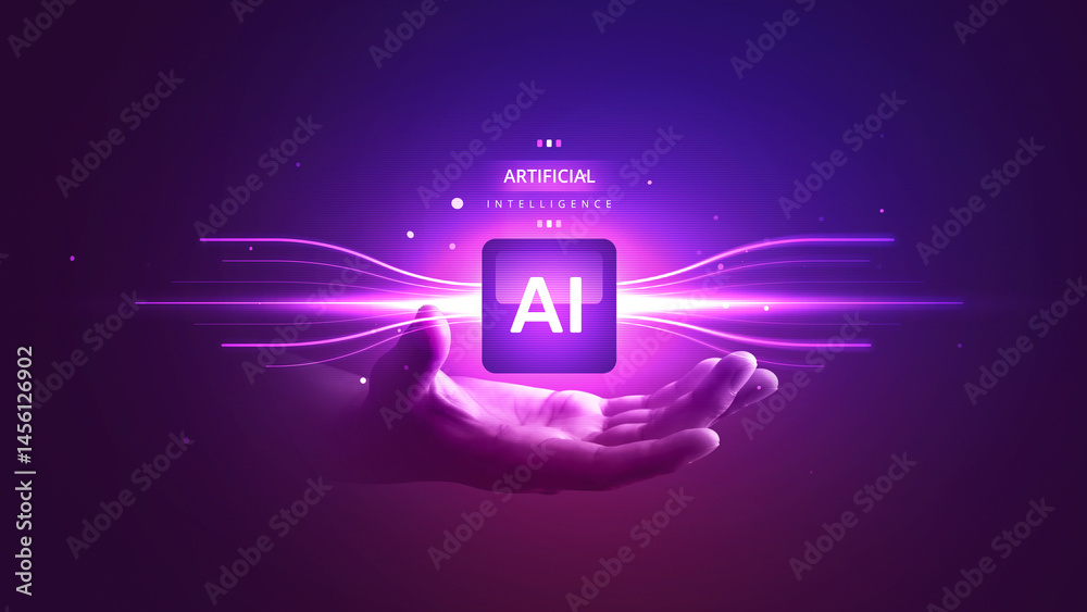 Poster ai intelligence with artificial technology and digital data network connection system power by hand.
