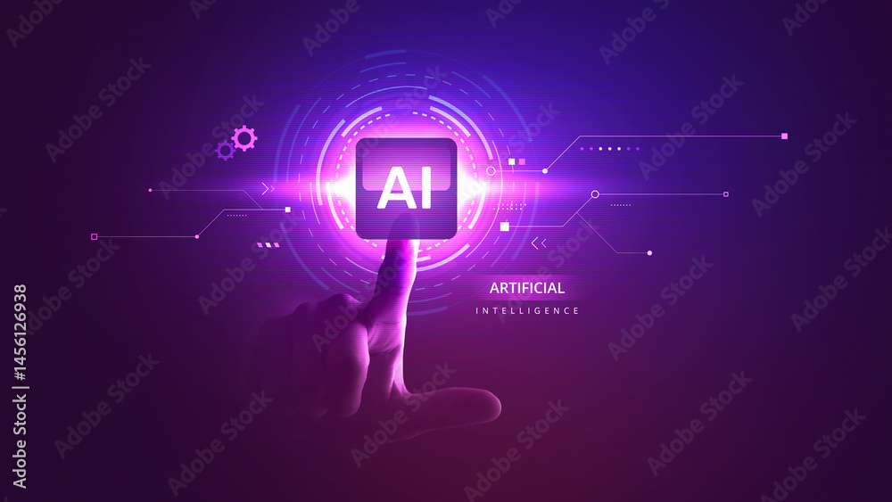 Poster ai intelligence with artificial technology and digital data network connection system power by hand.