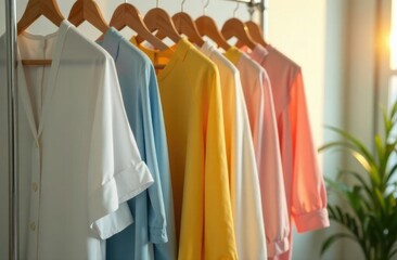 A minimalist clothes rack featuring pastel-colored garments, including dresses, blouses in white, blue, yellow and pink pastel shades, and free space for text