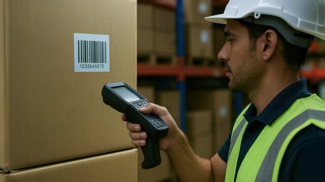 Warehouse worker scanning barcode on cargo box at port warehouse with handheld scanner for inventory and shipping process management