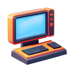 Fototapeta premium 3D retro desktop computer in blue and orange, ideal for tech or office visuals.