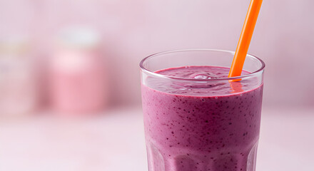 Delicious Berry Smoothie In Glass With Orange Straw On Pink Background