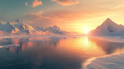 Fototapeta premium A magnificent Arctic sunrise with pristine frozen lakes reflecting crystal clear ice structures and distant snow-capped peaks framed by a brilliant golden sky.