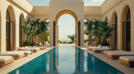 Luxurious Moroccan Resort Pool with Archways and Ocean Views on Sunny Day