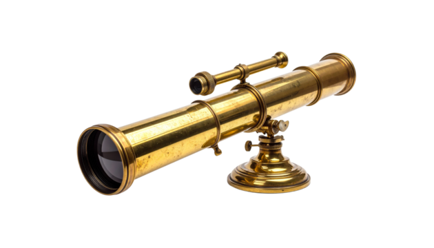 Antique brass telescope with polished finish, featuring intricate detailing and sturdy base. This vintage instrument evokes sense of exploration and adventure
