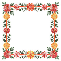 Obraz premium Vibrant Floral Border, Red and Yellow Flowers with Green Leaves, Transparent Background