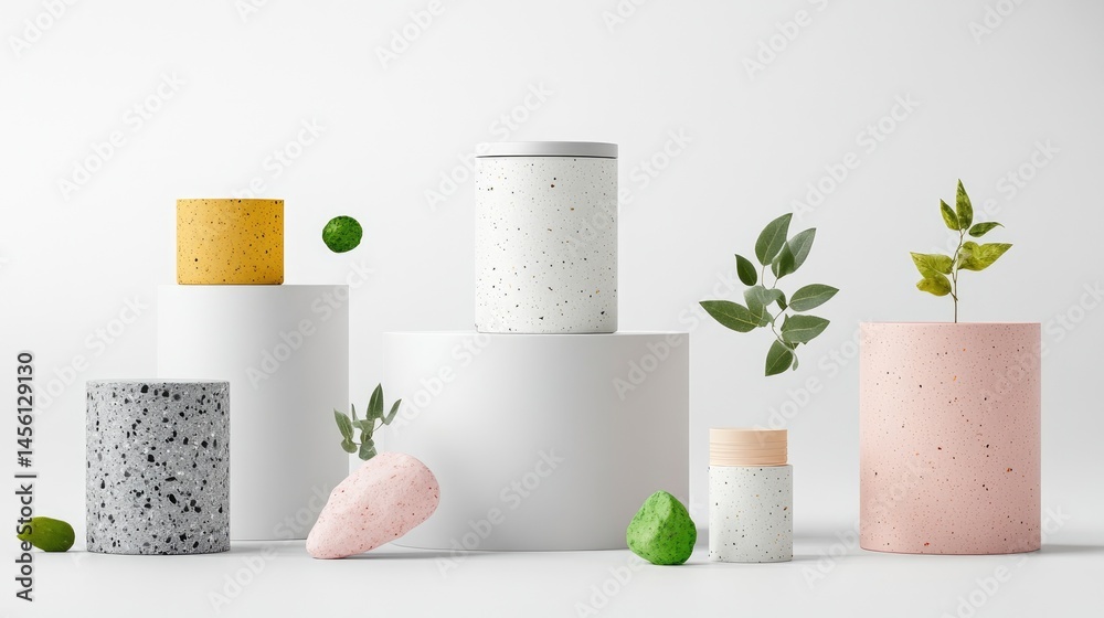 Poster minimalist white background with geometric shapes and a central podium for product display
