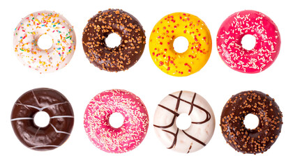 Delicious assorted donuts with colorful icing and toppings, including sprinkles, chocolate, and nuts, arranged in visually appealing pattern. Perfect for dessert lovers