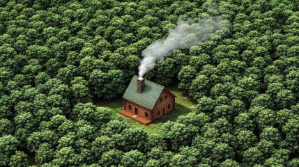 Secluded cabin with smoke in dense forest aerial perspective offering a peaceful escape and natural serenity illustration