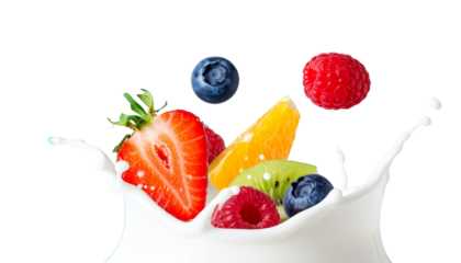 Fresh fruits like strawberries, blueberries, and raspberries splash into creamy milk, creating vibrant and refreshing scene that evokes sense of joy and vitality