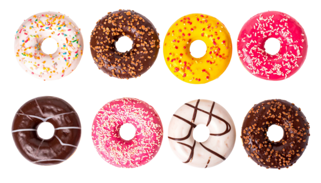 Delicious assorted donuts with colorful icing and toppings, including sprinkles, chocolate, and nuts, arranged in visually appealing pattern. Perfect for dessert lovers
