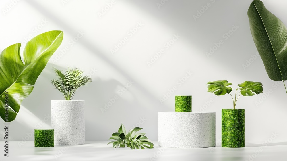 Poster minimalist white background with geometric shapes and a central podium for product display