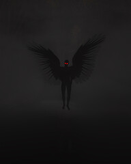 Digital illustration of the cryptid known as Mothman on a foggy forest at night