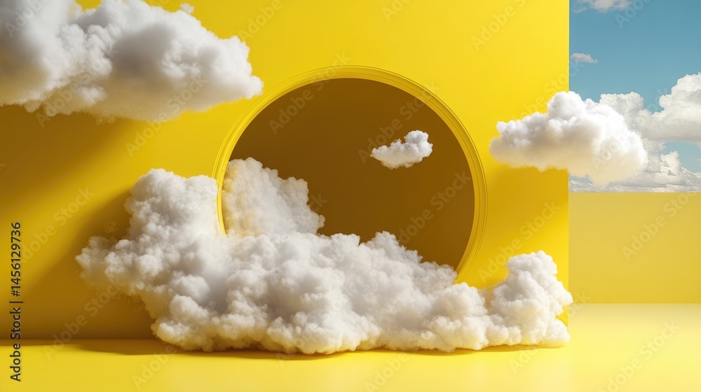 Leinwandbilder minimal yellow background featuring dynamic tunnel and soft white clouds escaping