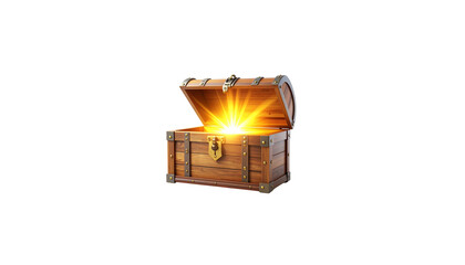 wooden treasure chest is open, revealing bright, glowing light emanating from within. chest features metal accents and classic design, evoking sense of adventure and mystery