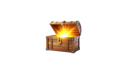 wooden treasure chest is open, revealing bright, glowing light emanating from within. chest features metal accents and classic design, evoking sense of adventure and mystery