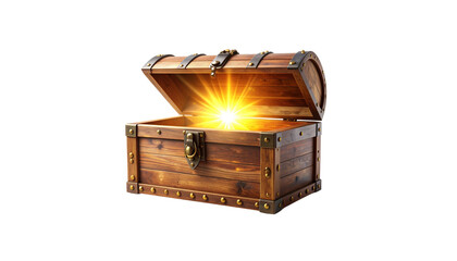 wooden treasure chest with open lid reveals bright, glowing light emanating from within, symbolizing hidden riches and adventure