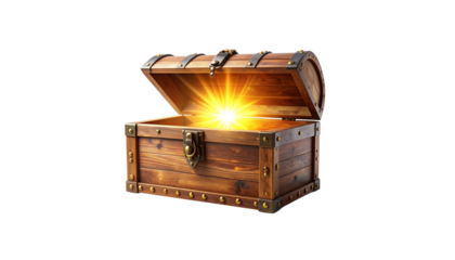 wooden treasure chest with open lid reveals bright, glowing light emanating from within, symbolizing hidden riches and adventure