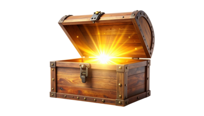 wooden treasure chest is open, revealing bright, glowing light emanating from within. chest features metal accents and classic design, evoking sense of adventure and mystery
