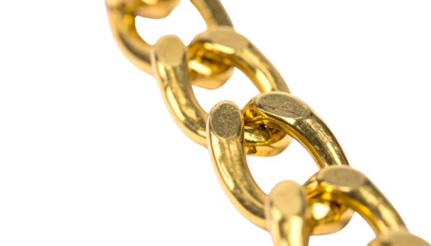 close up view of shiny gold chain, showcasing its smooth links and reflective surface, evokes sense of luxury and elegance. intricate design highlights craftsmanship involved creating this jewelry