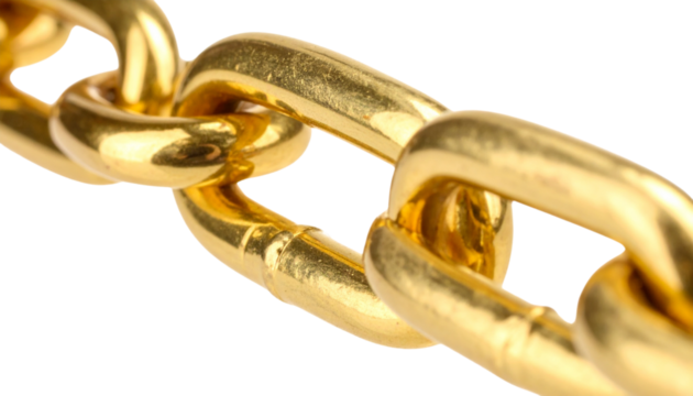 close up view of shiny gold chain, showcasing its smooth, polished links that reflect light beautifully. chain luxurious appearance adds sense of elegance and richness to any design