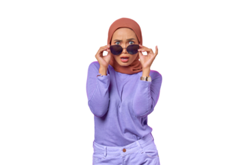 Portrait of shocked young Asian woman wearing glasses with open mouth isolated on transparent background