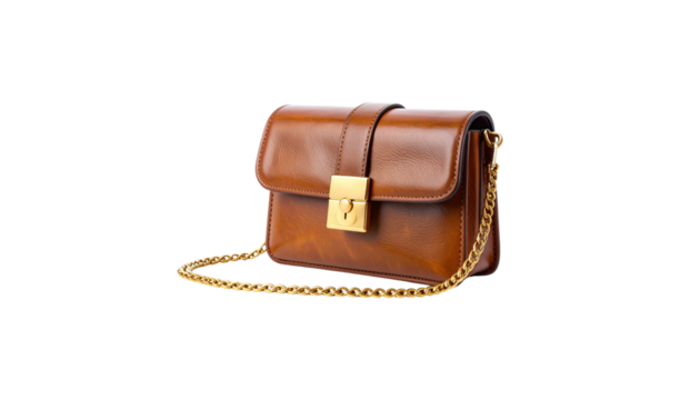 stylish brown leather handbag with gold chain strap and clasp closure, perfect for adding elegance to any outfit. This accessory combines functionality with chic design, making it must have