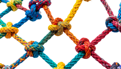 Colorful knots and ropes are intricately woven together, creating vibrant and textured pattern. various hues of blue, yellow, red, and green add lively touch, evoking sense of creativity
