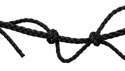 close up view of dark rope with intricate knots, showcasing texture and detail of fibers. knots are tightly secured, emphasizing strength and durability of material, evoking sense of reliability