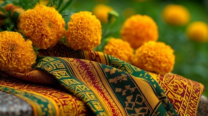 Traditional Kuba cloth on golden marigolds, celebrating Congo's cultural heritage.
