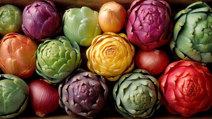 Fototapeta premium Fresh artichokes and onions in various colors create vibrant display