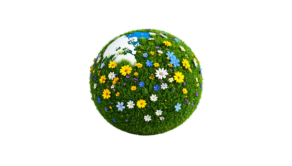vibrant globe covered in lush green grass and colorful flowers symbolizes nature and environmental beauty. This evokes feelings of harmony and ecological balance