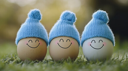 Cheerful Trio: Three Eggs with Blue Hats and Happy Faces

