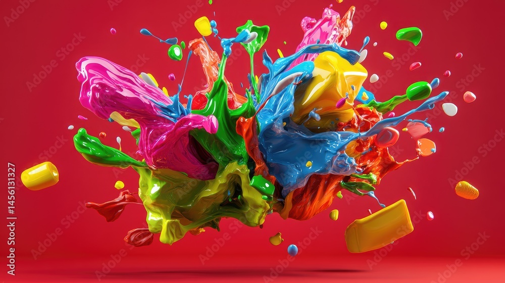 Poster liquid art splash shaped into complex 3d form, vivid color palette with soft shadows