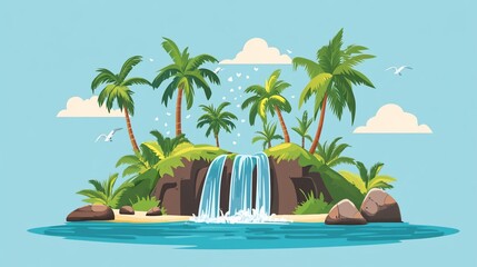 Fototapeta premium Tropical Paradise Island with Waterfall and Palm Trees Cartoon Illustration