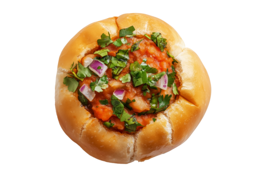 Indian Vada pav bread stuffed with spicy vegetable curry, garnished with onions and herbs, isolated on white transparent background, concept of street food