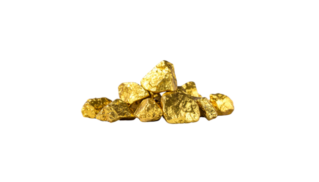 collection of shiny gold nuggets, showcasing their natural texture and brilliance, symbolizing wealth and luxury. vibrant gold color stands out against transparency background, evoking sense