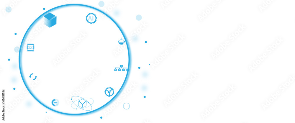 Poster vector ai chip surrounded by technology icons and digital blue circuits, futuristic design, white ba