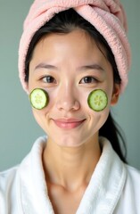 A young woman with cucumber circles on her face (Asian, about 25 years old, delicate features, high cheekbones, straight nose, full lips with a slight smile, black eyebrows).
