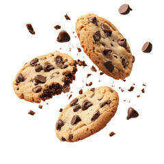 Flying Chocolate Chip Cookies with Crumbs Isolated on White Background