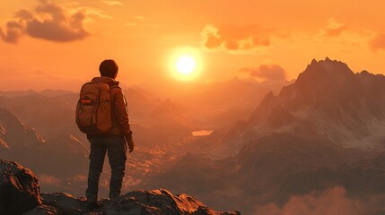 Fototapeta premium Hiker Standing on a Mountain Top Enjoying the Scenic Sunrise View